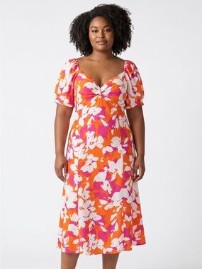 Emma & Michele Pink and Orange Floral Twist-Front Puff Sleeve Dress